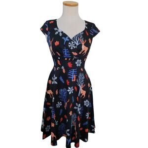 1950s Retro Vintage Swing Holiday Dress Novelty Print Reindeer Kidcore SM
